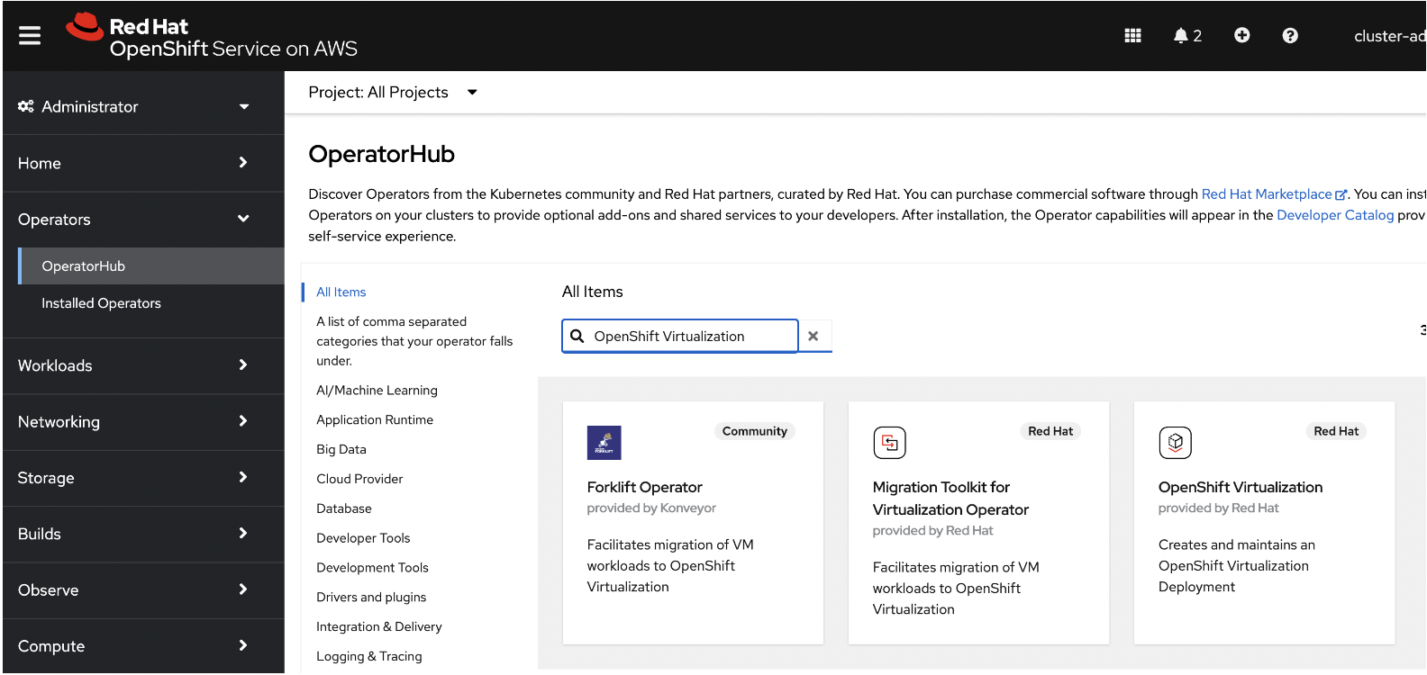 Red Hat OpenShift Virtualization in the OpenShift operator hub